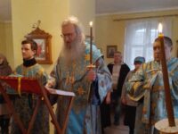 Епископ Елисей совершил утреню с чтением акафиста Пресвятой Богородице в Храме Апостола Андрея Первозванного рп Линево, Жирновского района